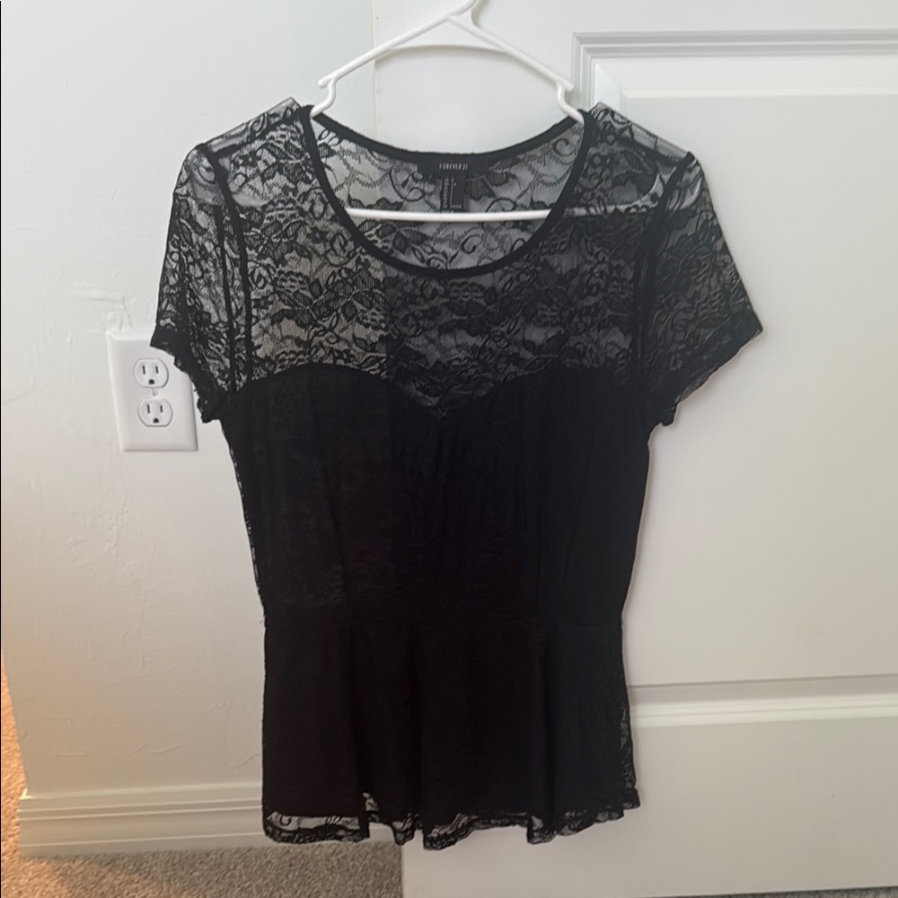 Forever 21 Black Lace Fitted Short Sleeve Blouse